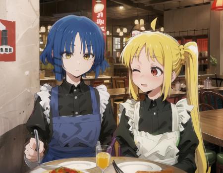 IjichiNijika, YamadaRyo, 2girls, maid, in restaurant
 <lora:bocchi_extract_conv01_linear0005:1>