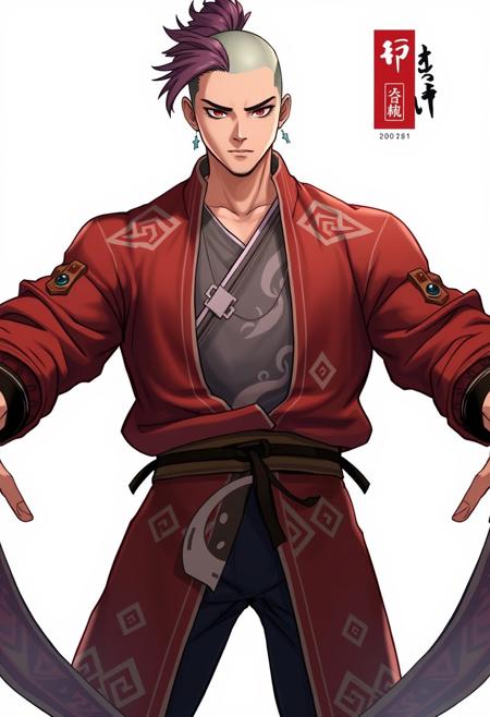 game character, chinese clothing, original art design, solo, baldness, 1boy, male focus, tattoo, white background, full body