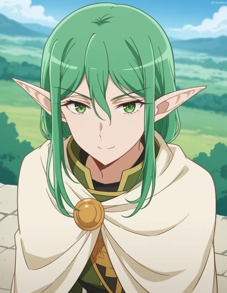 riveria ljos alf, long hair, hair between eyes, green eyes, green hair, pointy ears, elf, long sleeves, cloak, military uniform, uniform, green uniform,