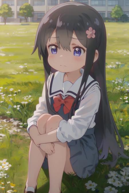 1girl, watahana, frown, watery eyes, 
hair ornament, hair flower, 
school outfit, blue dress, sailor dress, white sailor collar, red bow, 
sitting, hugging own legs, outdoor, school yard, field
<lora:Wataten_Hana-v10:0.9> <lora:School_yard-v01:1>