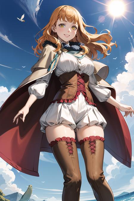 beautiful mimosa vermillion,orange hair, red cape, capelet, turtleneck sweater, corset, thighhighs,thigh boots, earrings, smile, looking at viewer, (floating:1.4), floating object, ,outdoors, sky, cloud, sun,  light smile, scenery, (volumetric lighting), best quality, masterpiece, intricate details, tonemapping, sharp focus, hyper detailed, trending on Artstation,