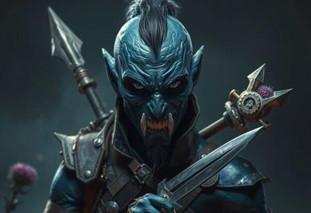 "Create an official, high-definition artwork of a non-binary Scrap Hunter in a dramatic pose on a Spell Sanctuary background. The focus is on intricate, lifelike details, with a golden ratio composition. The Scrap Hunter should have sharply defined shoulders, a spear and knife, and a thistle symbol of their villainous status. The face should be accurate and intimidating, with a hint of alien features. The color scheme should be deep blue. The final image should be ultra-detailed, suitable for a listing or stock photo. Realistic eyes and sharp teeth are essential, as well as gearwheels and squelch effects. The image should aim to trend on cgsociety and have a 4k resolution."
