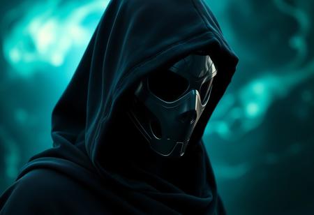 Mysterious figure wearing a dark hooded cloak and a sleek, reflective futuristic metallic bio mask. Enigmatic pose, shrouded silhouette. Blurred, surreal otherworldly background with swirling green and blue hues. Dark, atmospheric, deeply mysterious mood. Cinematic, dramatic lighting, rim light. Highly detailed matte painting, digital art, lifelike quality. 4K, sharp focus, impeccable composition, creative angle. Octane Render, Unreal Engine 5, trending on Artstation, CGSociety, Golden Ratio.