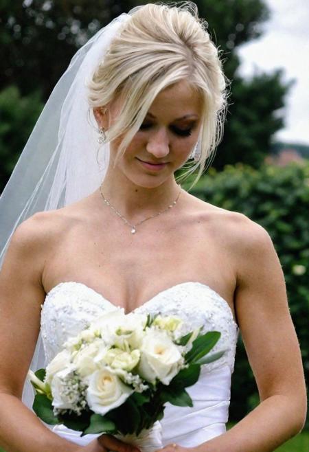 beautiful blond bride, flowers, wedding dress, outdoor wedding photography, downblouse, nipple slip