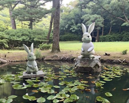 scenery, no humans, outdoors, signature, tree, shadow, grass, nature, leaf, realistic, sunlight, traditional media, road, real world location, multiple rabbits, 2girls <lora:rabbit_statue_v1:0.7>, 1girl cheek to cheek, couple sitting, pond, pine tree