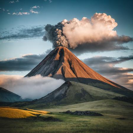 raw photo, 8k uhd, dslr, high quality, (best quality: 1.1), (masterpiece: 1.4), (realisitc: 1.2), (absurdres: 1.2), (photorealistic: 1.3), (great photography of a volcano), ins style,lab color,scenery, outdoors,grass, sky,((beautiful clouds)), view from sky,golden hour, landscape,peaceful scene,  <lora:ins-lab:0.8>