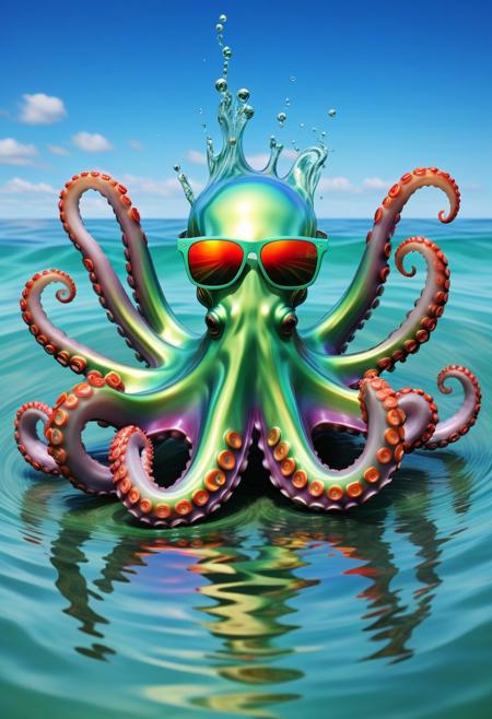 (made of l1qu1dp34rl):2, (pearlescent):2, (iridescent blend off green and red hues),(aura) of (arising liquid overlapping waves),four horned ((octopus)) arising out from tempestous (inky):2 sea surface,dynamic pose,(waterbending):2,colorful water flows,(wearing cool sunglasses):2,too cool for school