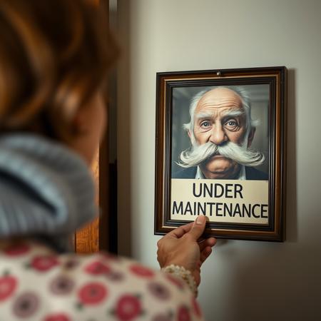 an out of frame woman inside her cottage home stares fondly at a framed old picture of a merry old man with bushy eyebrows hiding his eyes entirely, a ridiculously large unkempt moustache, and he's holding up a sign saying "UNDER MAINTENANCE"