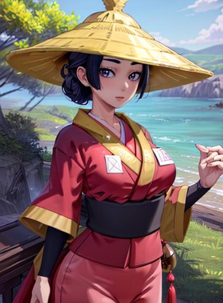 best quality, (masterpiece),(ultra-detailed), (high quality), (high resolution),<lora:add_detail:0.5> , <lora:wandapkm-10:0.7>,wanda,black hair, single hair bun, large breasts,kimono, pants,hat,upper body, looking at viewer,