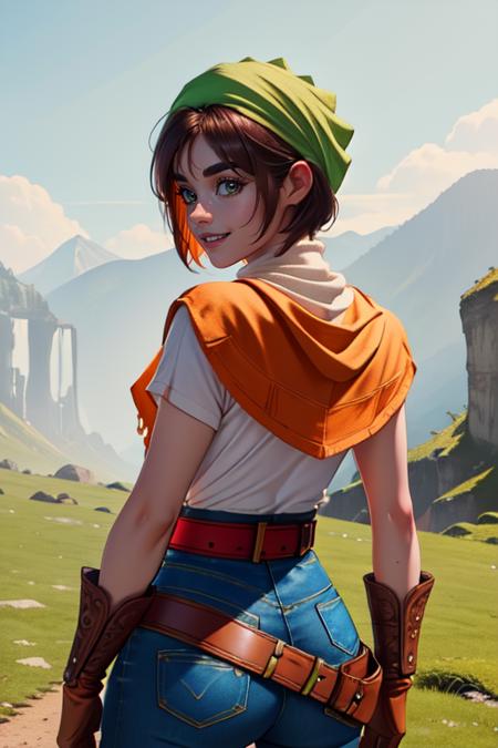 Toan,short brown hair,thick eyebrows,(Solo) upper body, smile, 
orange poncho, denim jeans, green bandana,  white feathers, crested brown gloves, brown boots, belt,  white turtleneck,  red sash, 
small village, mountains,
standing,  from behind,  tight pants, 
(insanely detailed, beautiful detailed face, masterpiece, best quality) 
<lora:Toan-10v3:0.7>,