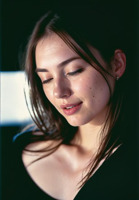 (maan_steenwinkel_V2:0.99),(close-up, editorial photograph of a  woman), (highly detailed face:1.4), (smiling:1.4, happily, open mouth:0.8, eyes closed in joy), (background inside dark, moody, private study:1.3) <lora:epiNoiseoffset_v2:1.2>, POV, by lee jeffries, nikon d850, film stock photograph ,4 kodak portra 400 ,camera f1.6 lens ,rich colors, dramatic lighting , cinestill 800