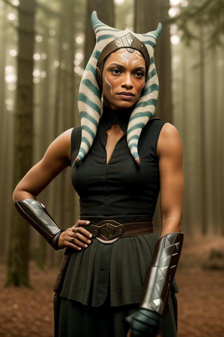 <lora:ARWahsokatano:1> ahsokatano woman, rosario dawson in dark forest,  smirk