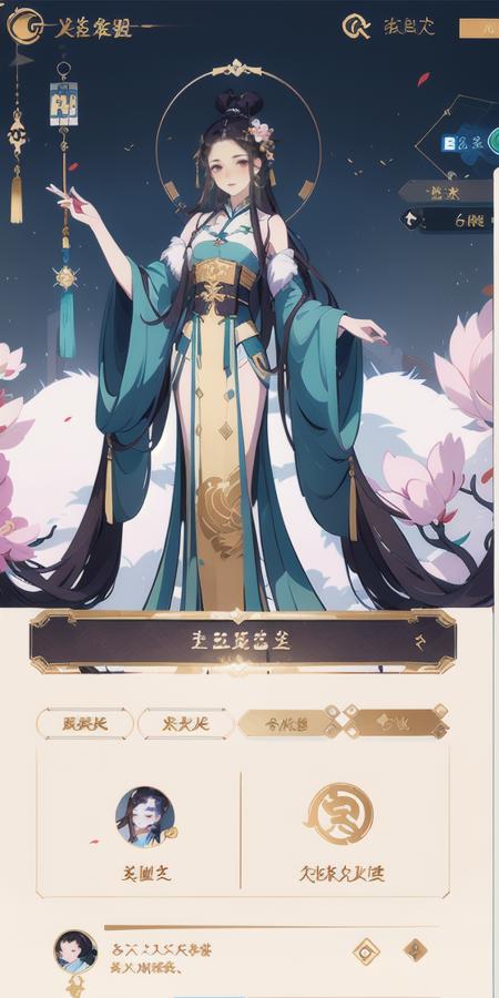 Game interface,Chinese style,buttons,return,tabs,logo,1Girl,Chinese clothing,solo,black hair,hair accessories,long hair,dress,wide sleeves,half body,flowers,gilded,gold-plated pattern,full screen,high-definition,exquisite,
<lora:huanqing_å½é£è§è²çé¢:1>,