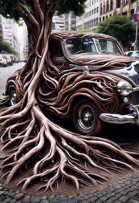 morph-treeroots , vintage car,polished chrome details,classic style design,in city,photography<lora:tree roots_0_100_V1-000008:1>