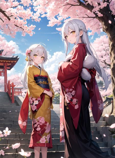 masterpiece, best quality, 2girls, yellow eyes, long hair, white hair, tree, stairs, standing, kimono, sky, cherry blossoms, temple, looking at viewer,