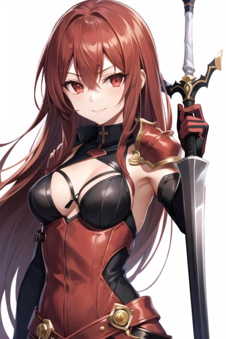 <lora:ElesisElsword-05:0.7>, elesis_el, 1girl, solo, long hair, looking at viewer, smile, simple background, red eyes, gloves, white background, holding, cleavage, hair between eyes, medium breasts, upper body, weapon, red hair, black gloves, elbow gloves, sword, holding weapon, armor, tattoo, holding sword