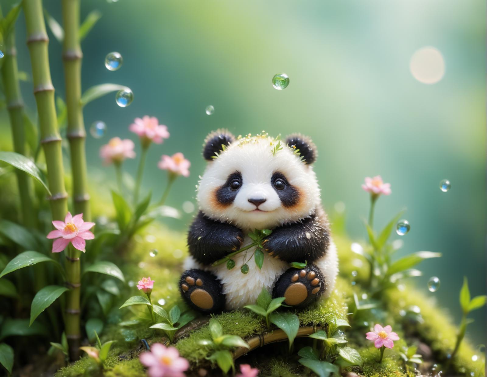 A Panda Bear in a Garden with Bubbles in the Air