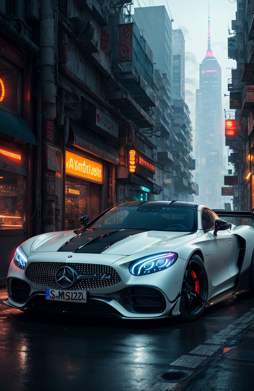 hypercars cyberpunk, muted colors ,swirling color smokes,legend,cityscape,space,mercedez benz