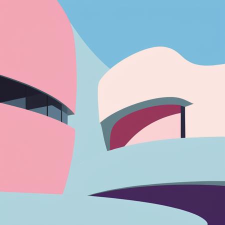 Abstract museum building, contemporary curvy architecture design, minimal design, modern illustration style, vibrant and contrasting colors with clean lines, flat shade, pale colors <lora:Flat-XL:0.75>