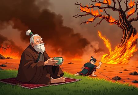 On the front  we can see uncle iroh savouring a cup of tea and sitting on carpet on a patch of green grass. He has is eyes closed with a face of delight.
In the background we can see zuko on the ground struggling,while fire lord ozai charges a fire ball,
The background is made of scorch earth, smoke and a tree is on fire