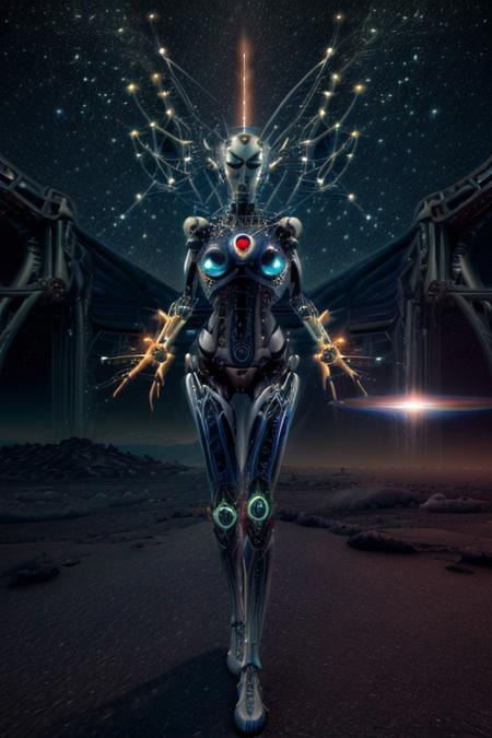 A glowing humanoid AI floats through space, passing by planets and stars. Her circuits shimmer as she extends a hand to touch a glowing comet, leaving trails of light and wonder in her path.