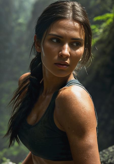 photo of beautiful sks woman, (perfect face), a woman as an action hero, lara croft tomb raider, torn blue tank top with ripped cloth, short brown shorts, on a rocky cliff overlooking a jungle, dark moody ambience (masterpiece:1.2) (photorealistic:1.2) (best quality) (detailed skin:1.2) (intricate details) (8k) (HDR) (cinematic lighting) (sharp focus), (looking at the camera:1.1), (closeup portrait:1.1), <lora:lora_kendall_v1_from_v1_160:1.2>
