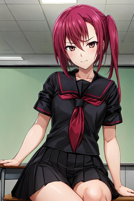 (masterpiece, best quality:1.2), highres, 4k, 8k, 1girl, solo, smirk, closed mouth, 
Kirika_Hosho_V1, red hair, long hair, side ponytail, hair between eyes, bangs, brown eyes, 
school uniform, serafuku, black shirt, short sleeves, red neckerchief, black skirt, pleated skirt, white socks, 
sitting on chair,
indoors, classroom, school chair, 
<lora:add_detail_CyberAlchemist:0.4>, <lora:GoodHands-beta2:0.8>, <lora:KirikaHoshoV1-000010:0.8>