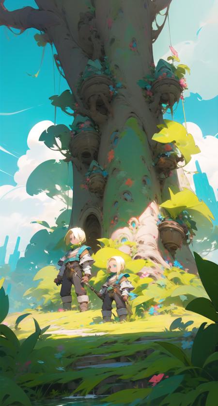 fantahouse, tree, sky, outdoors, day, cloud, blue sky, scenery, standing, blonde hair, grass, plant
 <lora:fantahouse-noise:1>