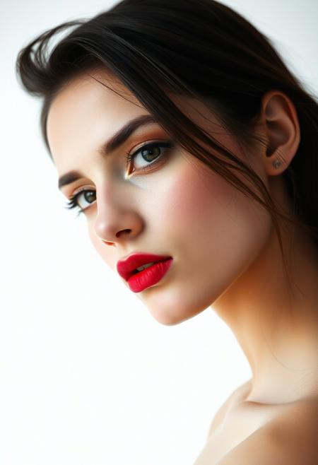 A captivating minimalist portrait of a shy and alluring woman. The left half of her face is visible, with her delicate features seamlessly merging into a blank canvas of white. Her soft, bright red lips contrast against the monochromatic background, drawing the viewer's attention. Her eyes hold a subtle, and enchanting vibes. The simplicity of the composition, with its stark contrast, evokes a sense of ethereal beauty. by Sasan