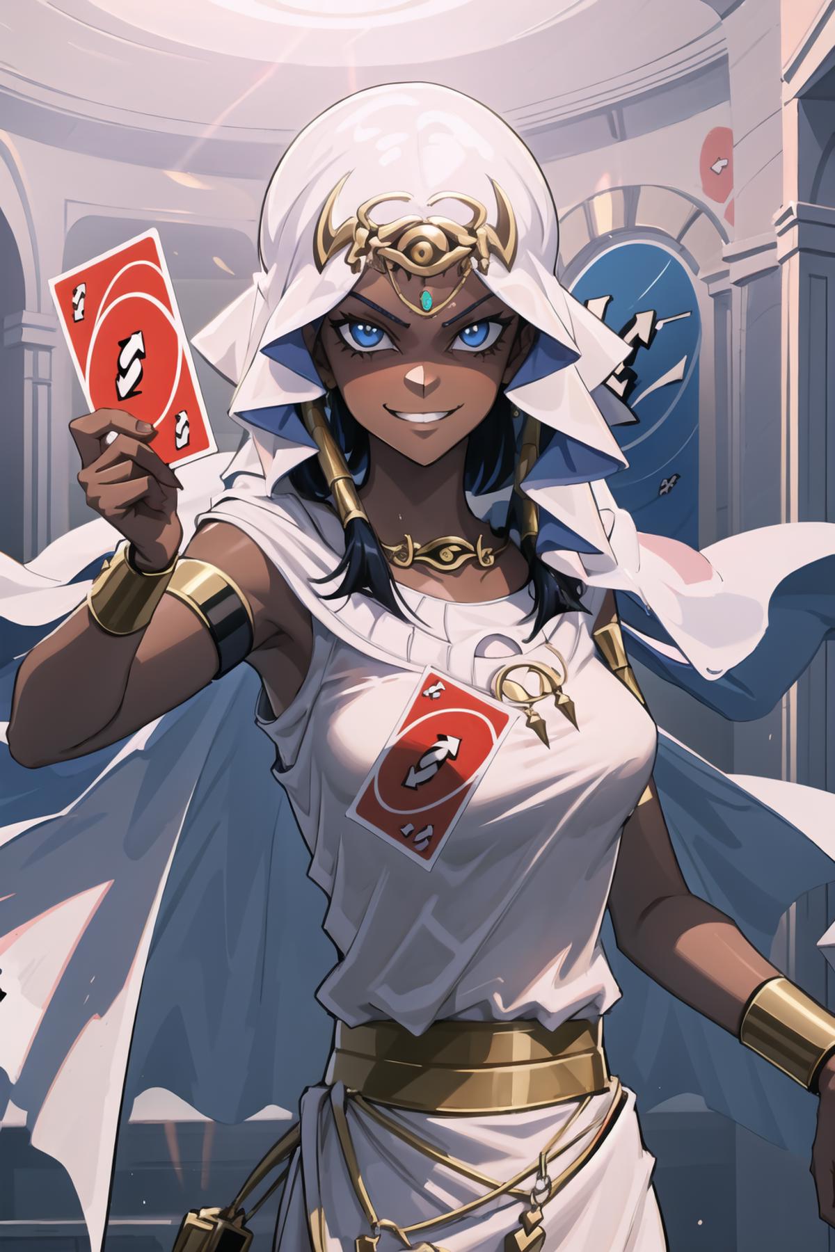 An Egyptian woman wearing a white dress and holding cards.