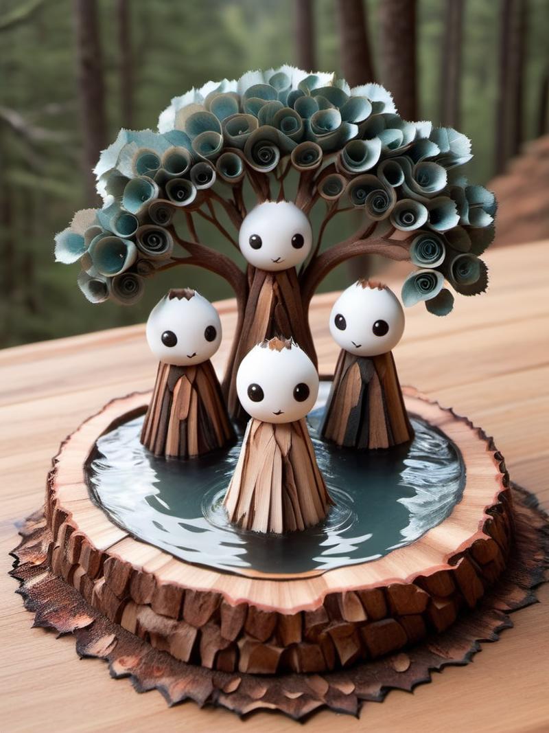 A cake decorated with wooden tree trunks and white figurines.