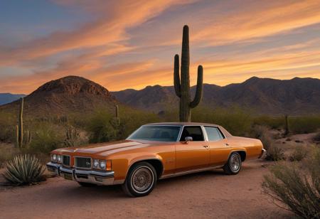(1973 Oldsmobile Delta 88 Royale), Oldsmobile, orange sky, sky, outdoors, sunset, orange background, mountain, desert, gradient sky, yellow sky, cliff, cloud, rock, blue sky, tree, nature, evening, twilight, mountainous horizon, solo, grass, hill, day, horizon, orange theme, sand, sun, dusk, forest, cactus, motor vehicle, no humans,