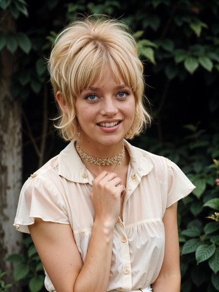 <lora:gjhawn.32:0.85>photograph, fashion editorial style. cinematic, gjhawn a 20-year-old woman with short-blonde-pixie-hair, (big-smile, laughing), in a (buttoned-blouse:1.2), sleeveless, retro 60s fashion, 60s color palette, 1960s style, 35mm photograph, film, bokeh, professional, 4k, highly detailed, casual-clothing, trendy, stylish, editorial, magazine style, professional, highly detailed