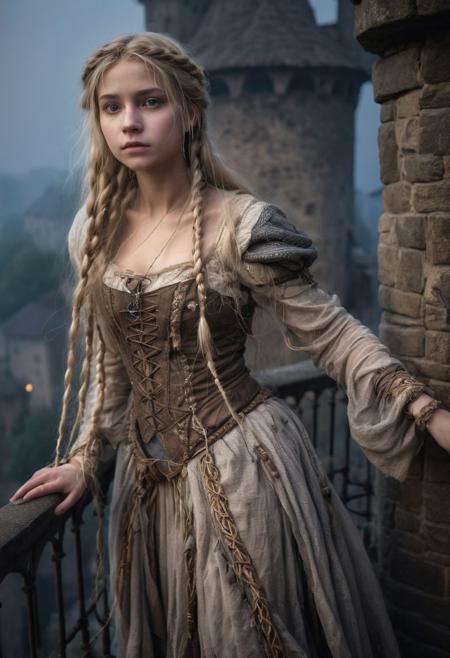 Close Up shot of  Rapunzel from the ancient  fairytale as a princess warrior, she IS a very beautiful girl,  blonde  hair in a extremely long braids, beautiful, medieval  clothes, dirt  clothes, wind, at night, fog, mist, she IS in a tower balcony, National Geographic photography awarded masterpiece