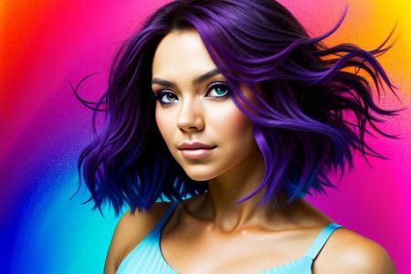 A vibrant digital artwork of a side profile portrait of a young woman with flowing hair. Her face should be illuminated, showcasing a calm and thoughtful expression. The background should be an explosion of abstract, colorful splashes and brush strokes, blending hues of blue, pink, purple, and orange. The colors should merge seamlessly with her hair, creating a dynamic and artistic fusion of elements. The overall atmosphere should be dreamlike and expressive, emphasizing the fluidity and motion of the colors as they blend with the subject's hair and face, Portrait