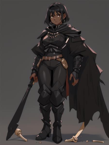 <lora:Harrowhark_Nonagesimus:1> harrow, black hair, short hair, black capelet, bone armor, black robe, black pants, black boots, , full body, brown skin, 1girl, solo