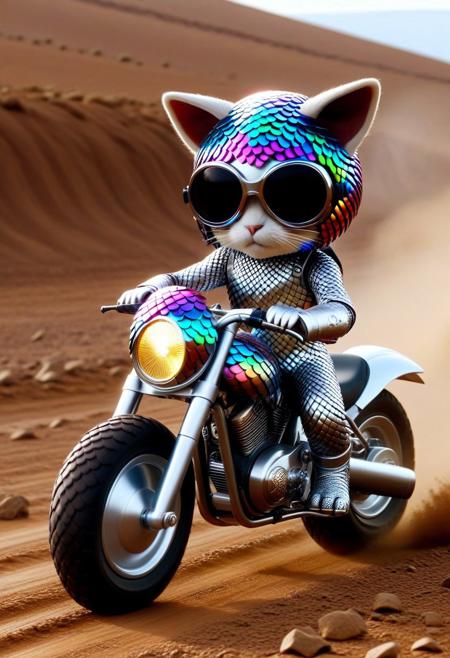 scaleboundsdxl, (made of rainbow scale:1.3), cute small motorcycle, cat riding on, wear round goggles, wear animal ears helmet, closeup shot, view from side, run through on Barren Land Muddy road, Dust cloud, cinematic, cinematic lighting, (masterpiece, best quality:1.4), ultra-high res, 4k, Photorealistic, insanely detailed, sfw,