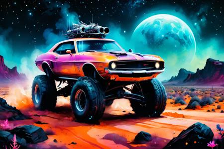 <lora:xl_more_art-full_v1:0.7>, (best quality:1.5), (intricate emotional details:1.5), detailed digital illustration of a [off road vehicle:classic muscle car:0.3] in a Exoplanet ecosystem driven by bioluminescence, <lora:SDXLPaintSplash:0.7> colorsplash