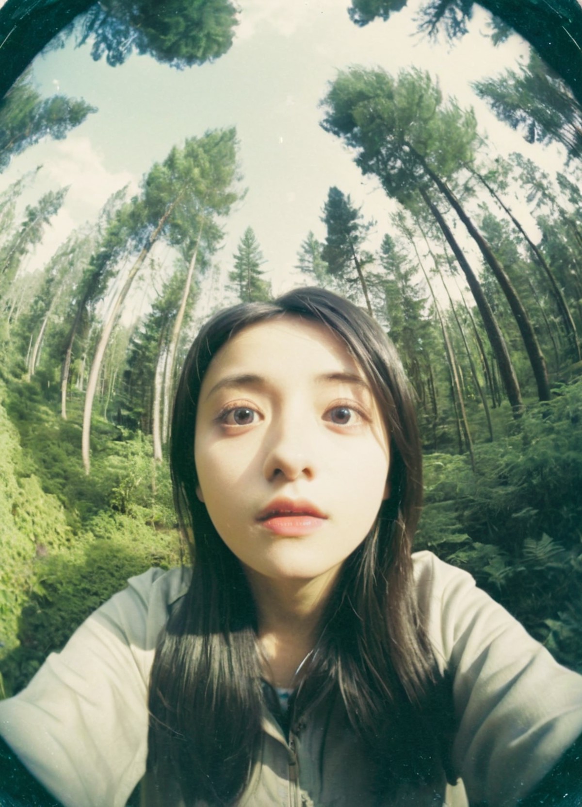CCTV footage of a 18 age woman look up at forest, Polaroid filterd fish-eye lens