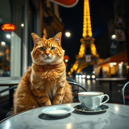 a large ginger cat sits next to a saucer of milk on an outdoor table at a Paris café, bright street scene, Eifel Tower, brightly lit