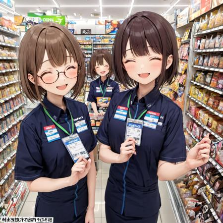 best quality, ultra-detailed,
famimaU, employee uniform, japan, 2girls, multiple girls, glasses, brown hair, convenience store, smile, head tilt, shop, id card, closed eyes, uniform, mole, looking at viewer, name tag, shirt, lanyard, grin, mole under mouth, bag, 
 <lora:FAMIMA_scenery_SDXL_V2:1>