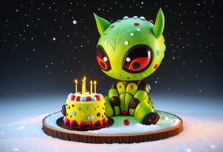 A Cute, (cake made out of alienworld), (cake), solo, winter, 4k, high detail, high quality, realistic, full body,