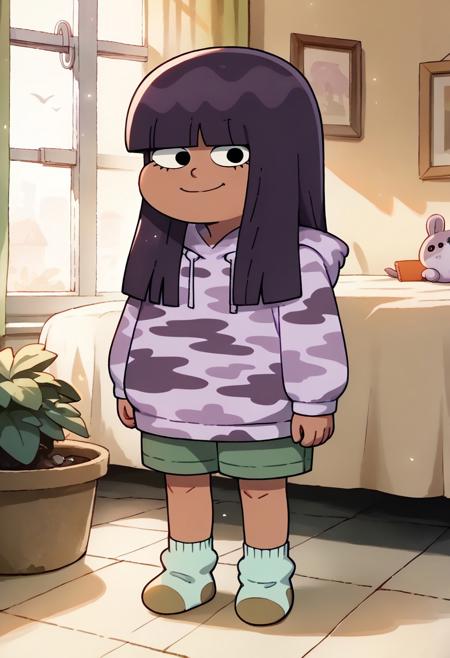 LotLot, 1girl, shoulder-length dark purple hair, blunt bangs, black eyes, brown skin light purple camo hoodie green shorts light green brown socks <lora:LotLot:1>