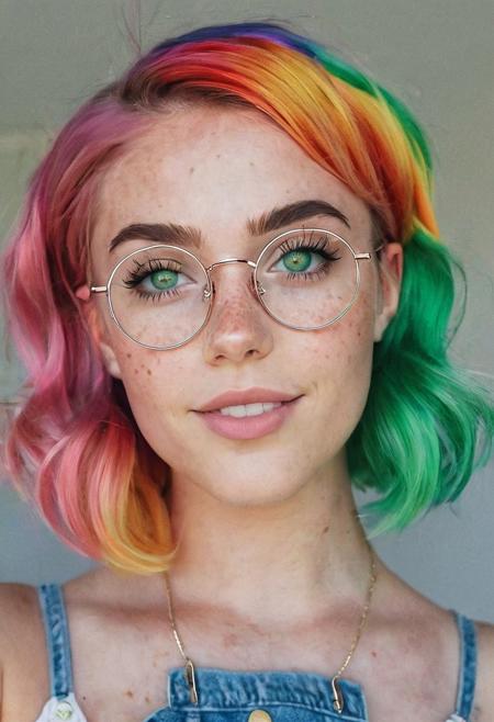 instagram photo, photo of a 28 y.o woman, short intricate hair, rainbow colored hair, green eyes, round glasses, freckles:.5, candy hairpin, mckennagrace, cute face, round face, Perfect detailed eyes, fair skin, wearing top with low neckline, slightsmile:.75, expressionless