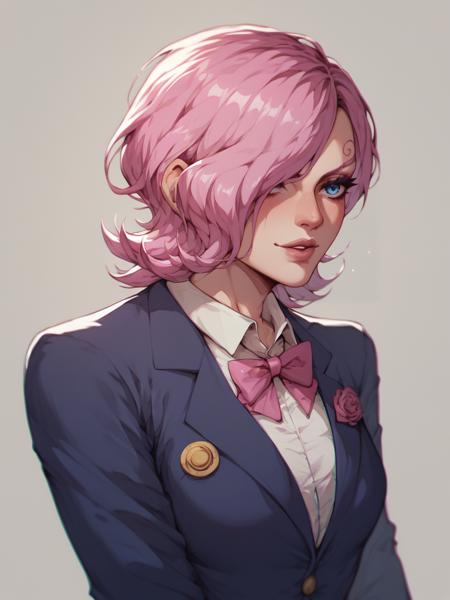 vinsmoke reiju is a girl with short pink hair and blue eyes