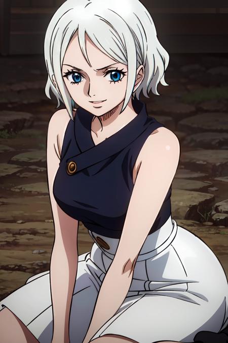 2d, masterpiece, best quality, anime, highly detailed face, highly detailed background, perfect lighting, wano, 1girl, solo, short hair, wavy hair, white hair, blue eyes, ringed eyes, smile, black cropped,medium breasts, white high-waist skirt, small butt, high boots, <lora:wanostyle-10:1>