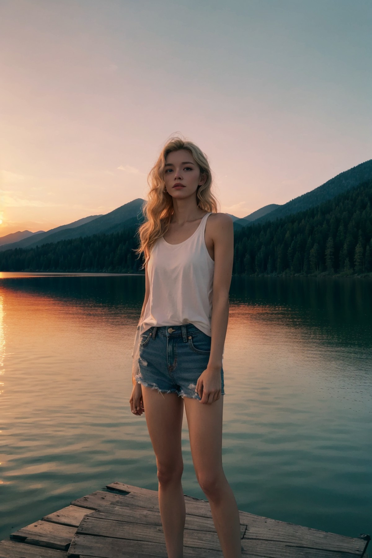 A young woman stands on a weathered wooden dock extending over a still mountain lake at dusk. Dressed in cutoff denim shor...