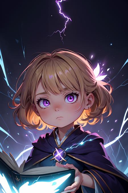 (chibi:1.2), (best quality, masterpiece:1.2), photorealistic, thick outlines, strong shadows, <lora:add_detail:0.2>, 1 girl, adult woman, purple eyes, dark blonde lob hair, looking down, solo, upper body, detailed background, detailed face, evil mage, pink magical robes, determined expression, purple color scheme, dark green light, library, evil book, dark atmosphere, shadows, realistic lighting, floating particles, sparks, surrounded by yellow lightning <lora:LightingVFX:0.3>, blue arcane symbols, bloom, <lora:GoodHands-beta2:1>