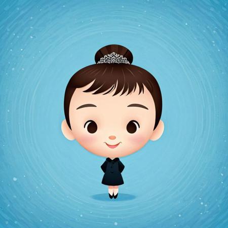 cartoon portrait of Audrey Hepburn, in jmawx style,  cute chibi, full character, smile, detailed facial features, Sky Blue background with subtle pattern   <lora:Jerrod_Maruyama_XL_V11.1:0.85>
