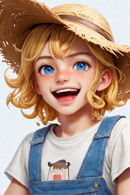 close-up photo portrait of a 20 yo european man, blond short curly hair, blue eyes, laughing face expression, freckles, denim overall, t-shirt, straw hat, farmer, simple background